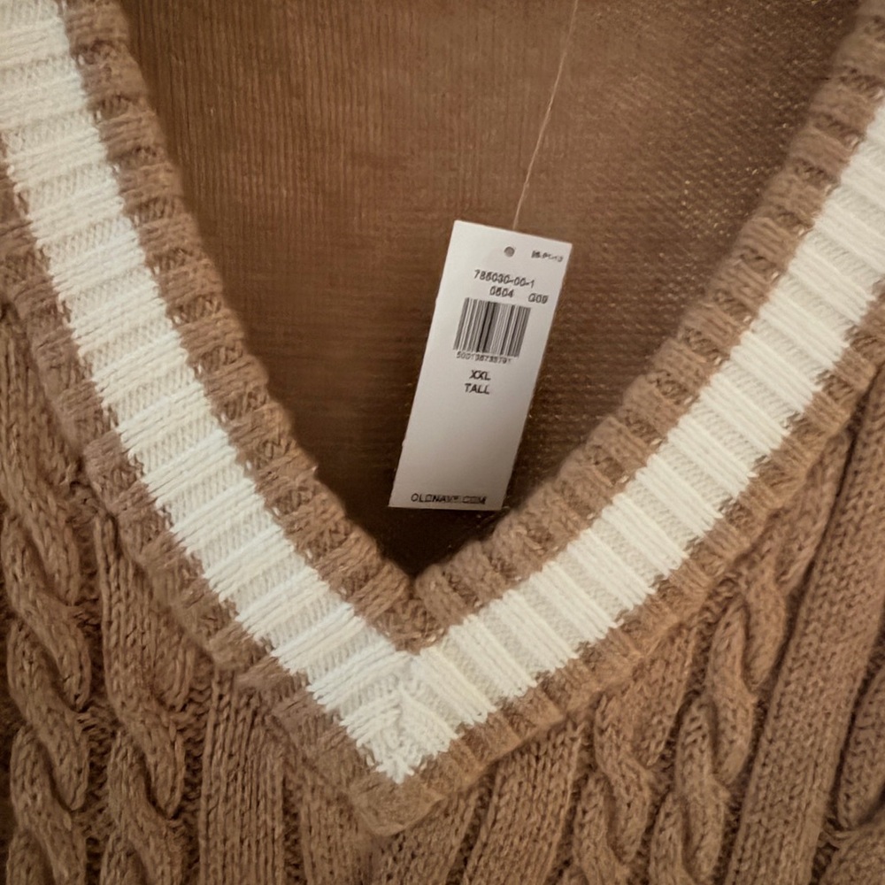 Old Navy Camel V-Neck Cable Knit Sweater Vest with Ivory Trim